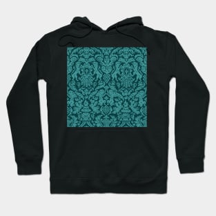 Aqua Teal on Ocean Blue Green Weird Medieval Lions, Cherubs, and Skulls Scrollwork Damask Hoodie